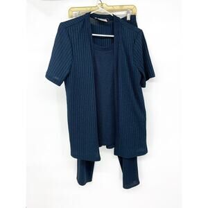 Vtg Olivia Rose Rib Knit Top Pants Outfit Set Navy Blue Short Sleeve Casual Sz L